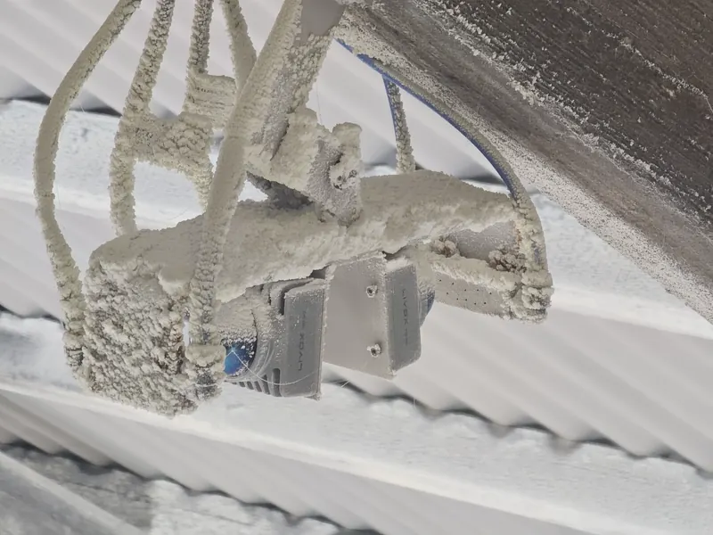 Dual Livox MID-360 OWL EYE® sensor encrusted with salt crystals after months in a K+S salt warehouse — field-proven in harsh environments